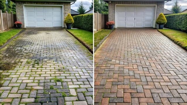 Driveway pressure washing — before and after